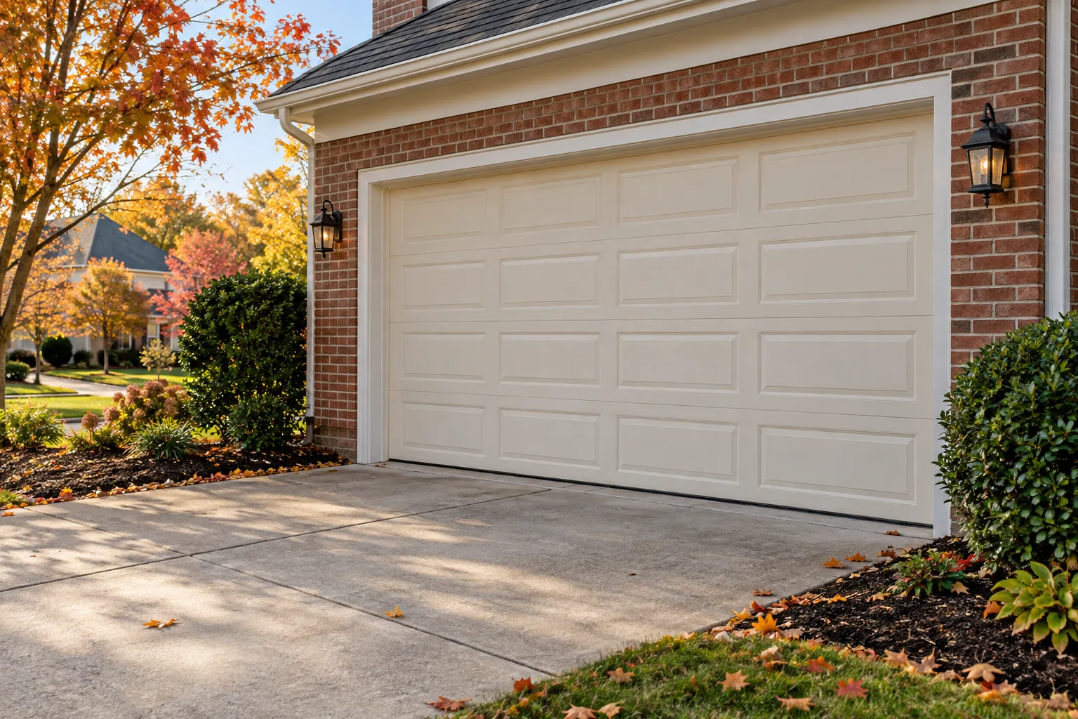 Closed cream garage door on a brick home in autumn.