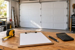 Blank clipboard, calculator, pen, and measuring tape in a garage.