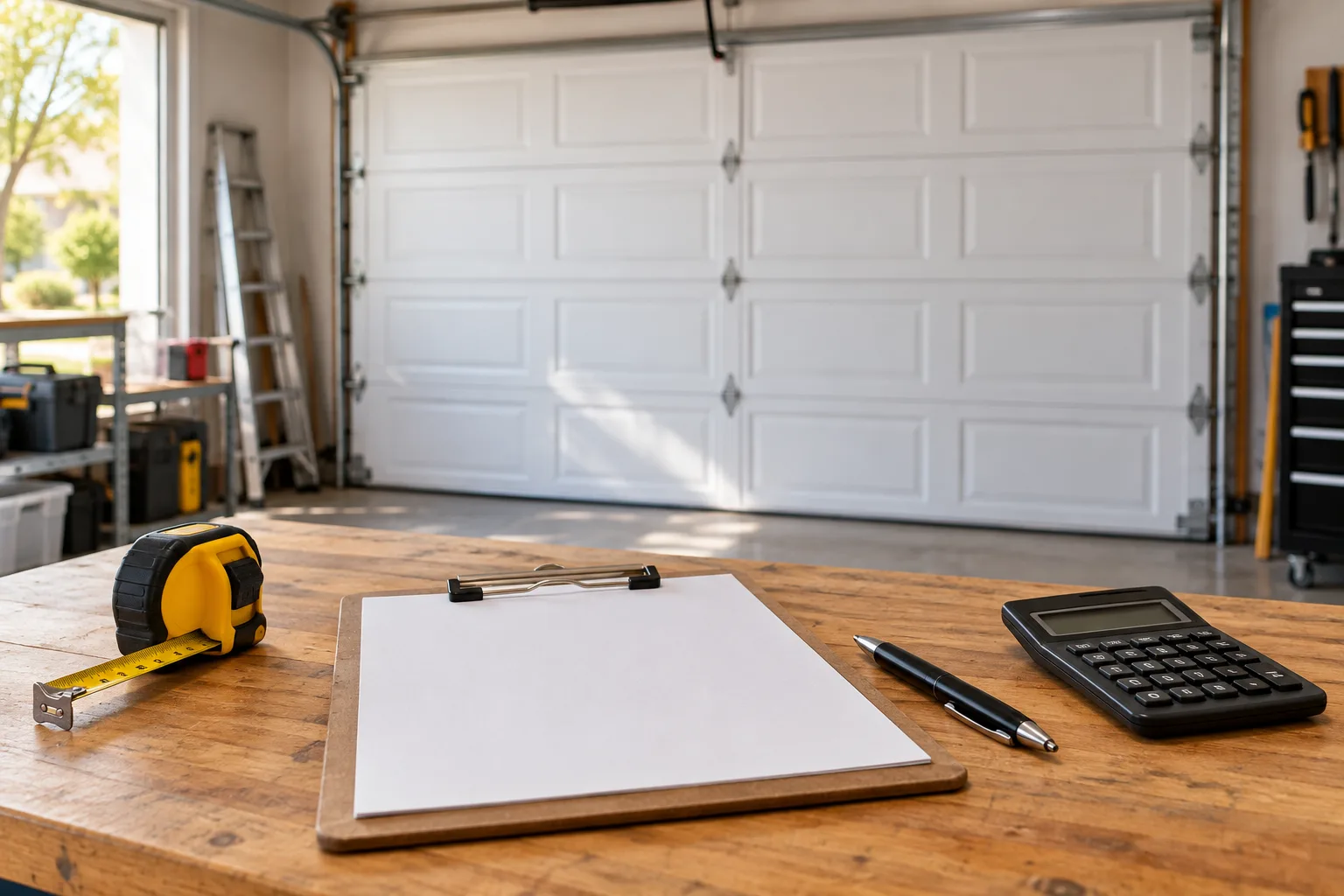 Blank clipboard, calculator, pen, and measuring tape in a garage.