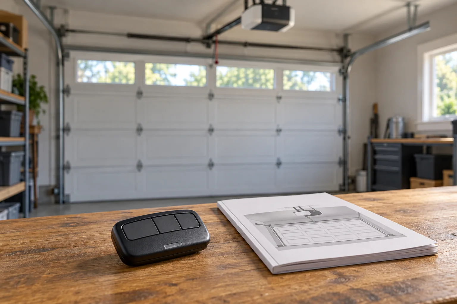 Unbranded garage door remote and manual on a workbench.
