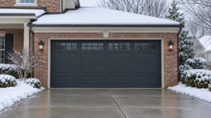 Closed gray garage door with snow beside the driveway.